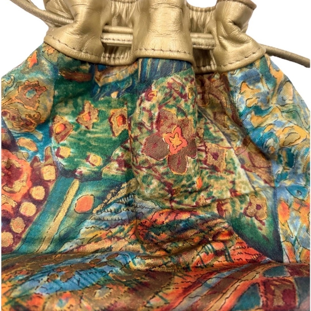 Vintage Leather and Fabric Drawstring Shoulder Bag Purse